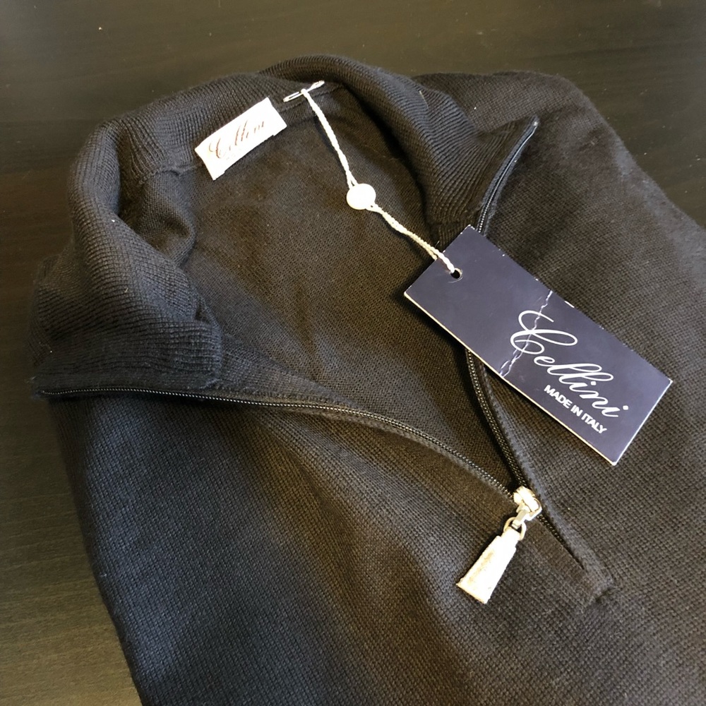 Cellini Italian Black 1/2 Zip wool Sweater size 58